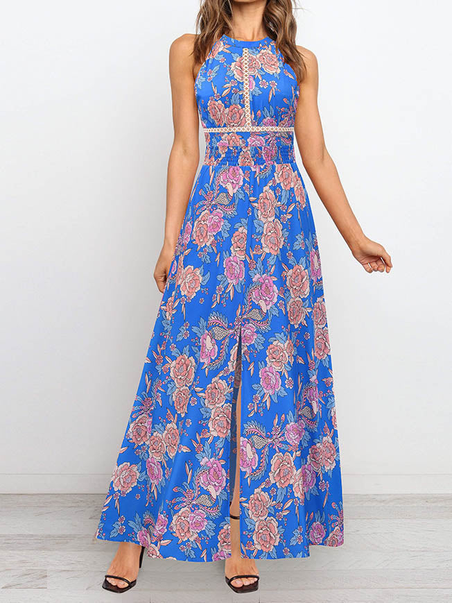 Robe Maxi Florale Sans Manches Col Halter Dos Croisé