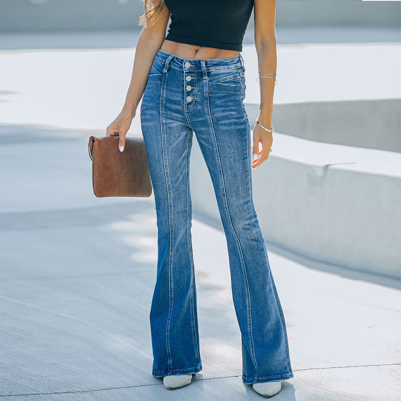 Pantalon Jean Décontracté Jambes Larges à Poches