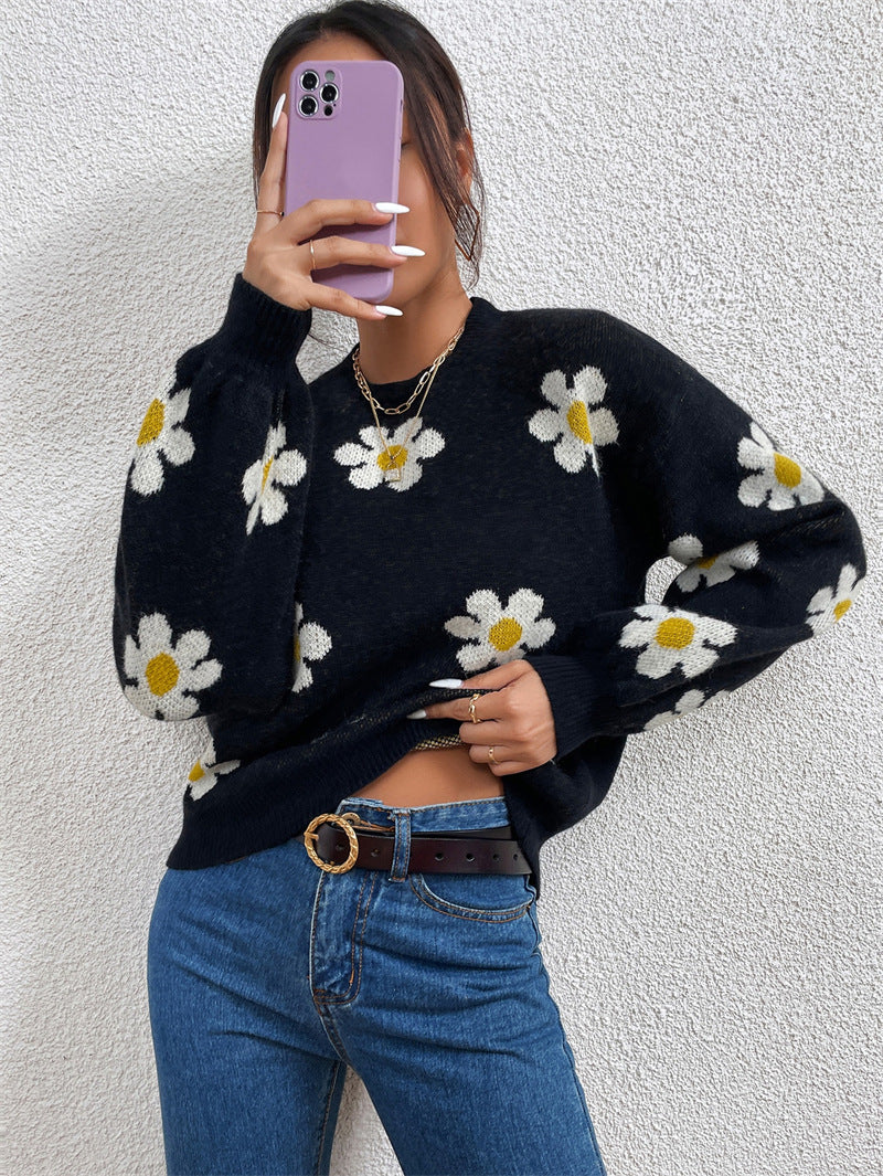 Sweatshirt Couleur Unie Col Rond Floral