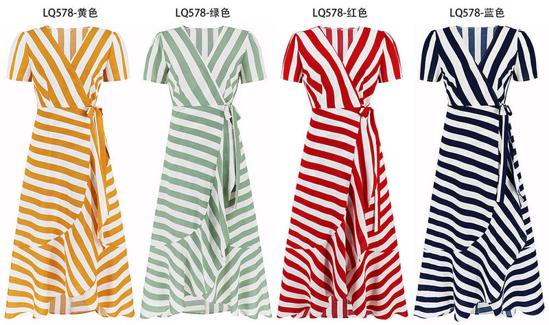 Fashion V-Neck Short Sleeve Striped Loose Maxi Dress