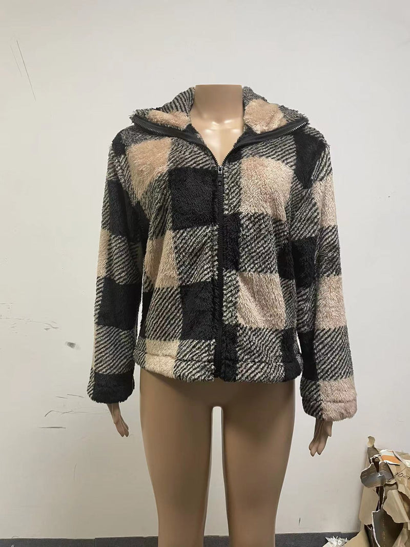 Veste Pull Ample à Carreaux avec Fermeture et Col Large