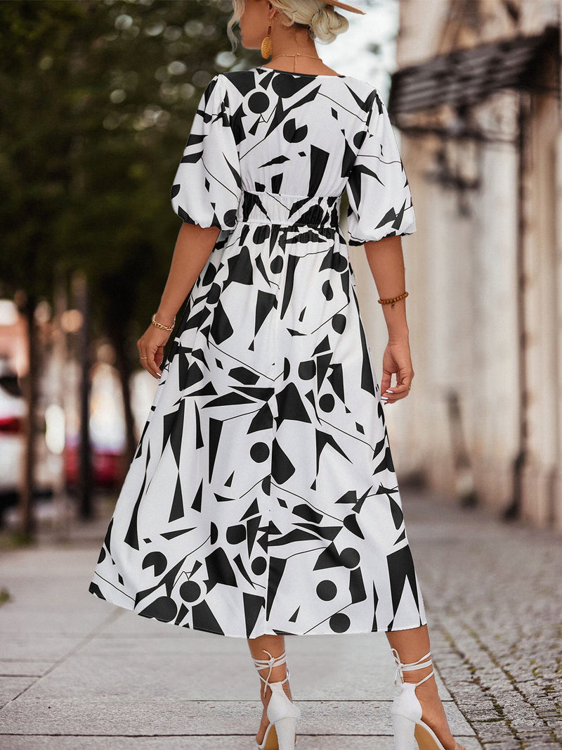 Short Sleeve V-Neck Printed Flared Midi Dress