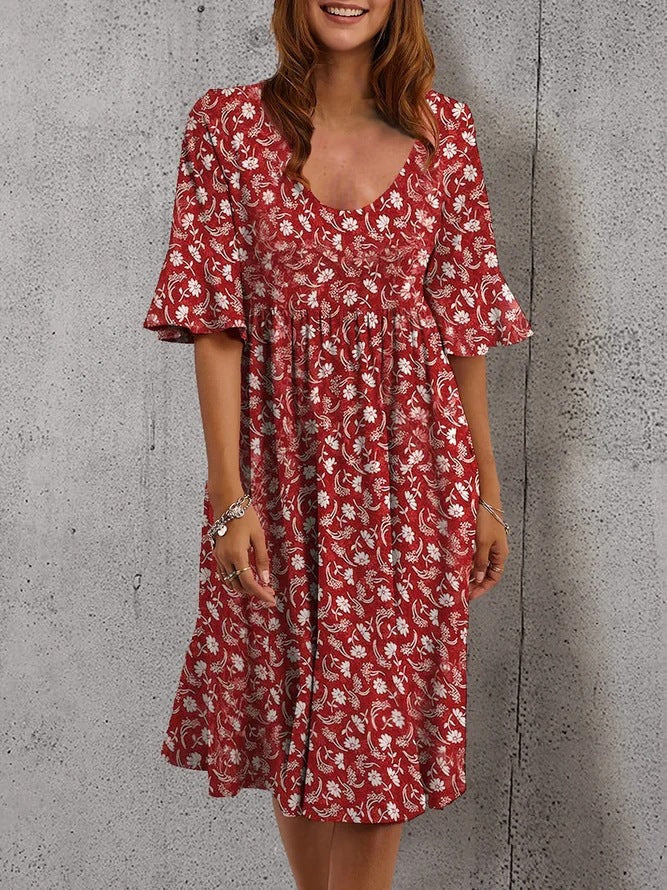 Robe Midi Fleurie Encolure Dégagée Manches Courtes