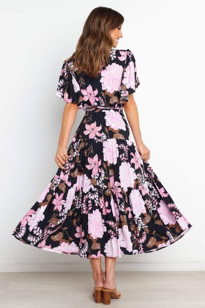 Robe Longue Floral Manches Courtes Col V