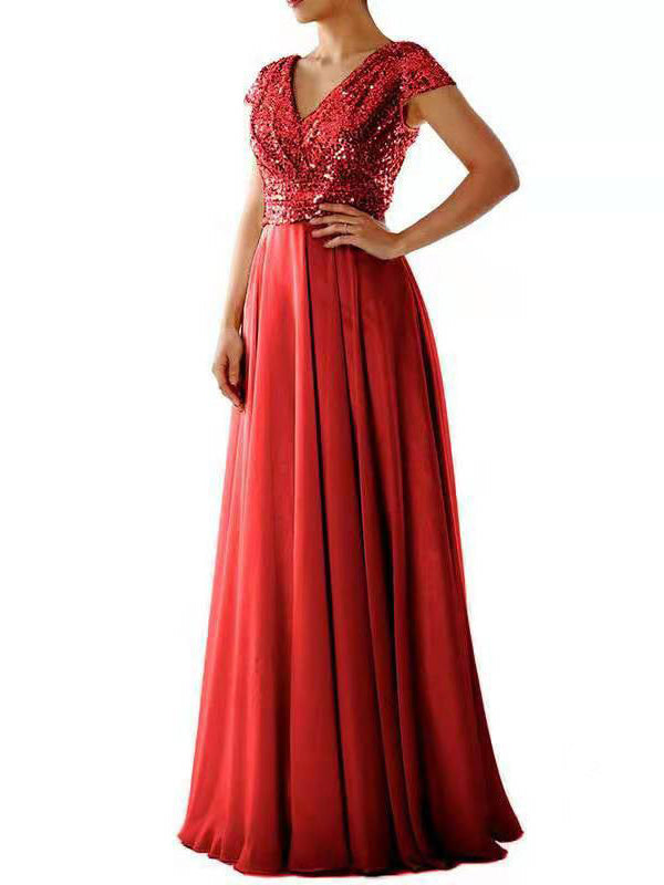 Women's Dresses V Neck Sequin Chiffon Panel Maxi Dress