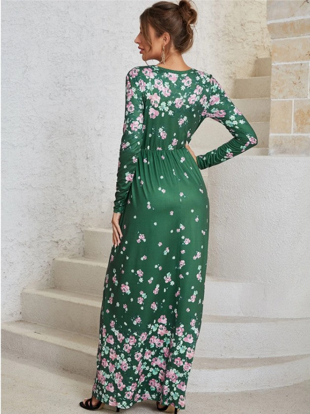 Robe Maxi Col Rond Manches Longues à Imprimé Floral