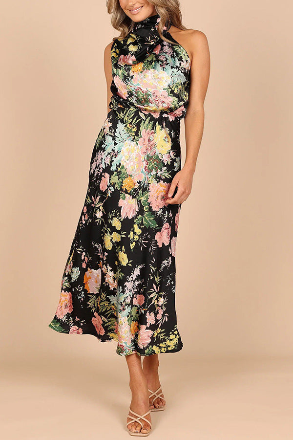 Robe Mi-Longue Imprimée Floral Taille Haute Sans Manches Col Roulé