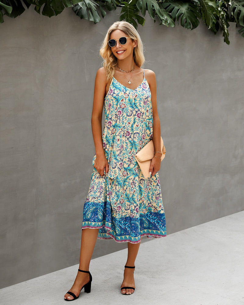 Robe Longue Sans Manches Bretelles Spaghetti Réglables Boho Beach