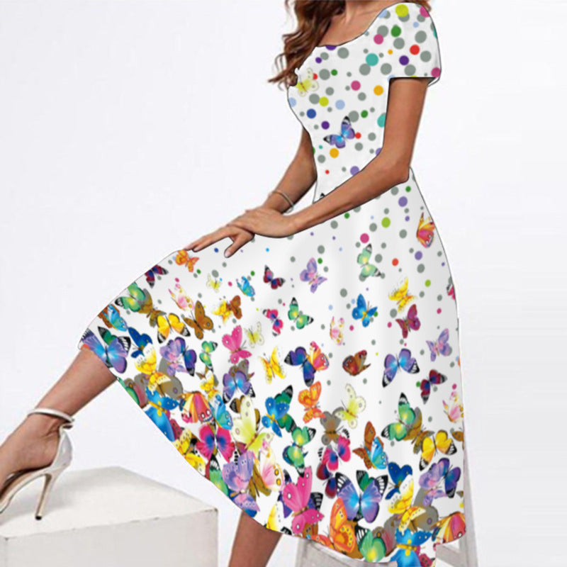 Robe Longue Manches Courtes Col en U Floral