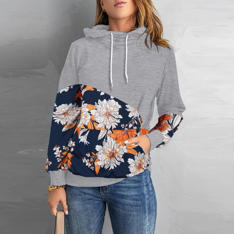 Pull avec Cordon de Serrage Imprimé Floral Manches Longues Col Rond