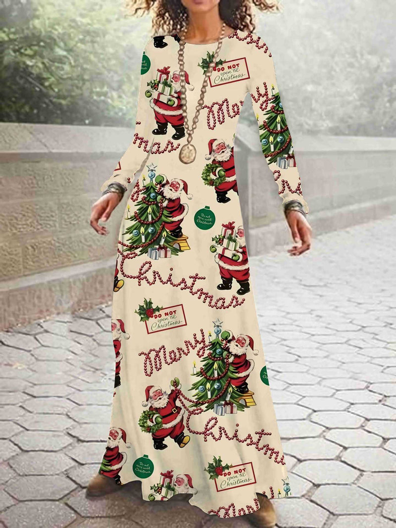 Long Sleeve O-Neck Printed Maxi Christmas Dress