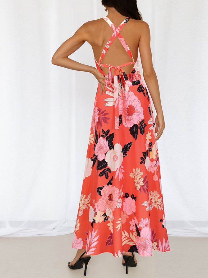 Robe Maxi Florale Sans Manches Col Halter Dos Croisé