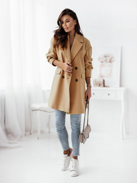 Solid Color Lapel Collar Long Sleeve Jacket Outerwear