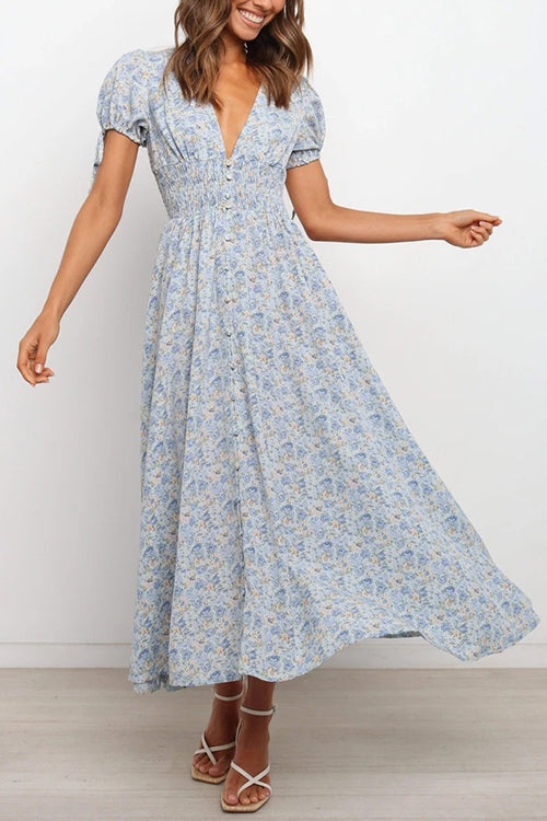 Robe Maxi Taille Froncée Col en V