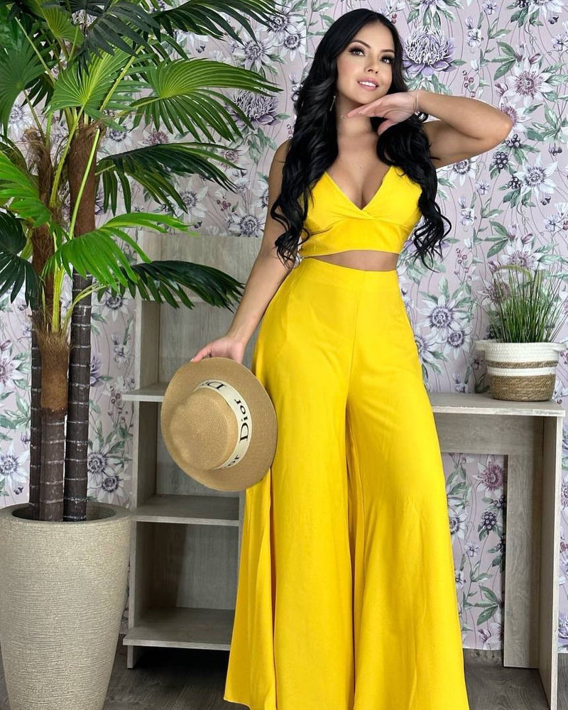 Two Piece Sleeveless V-Neck Crop Top and Wide Leg Solid Pants Set