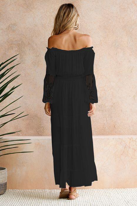 Robe Maxi Épaules Dénudées Taille Élastique Manches en Dentelle