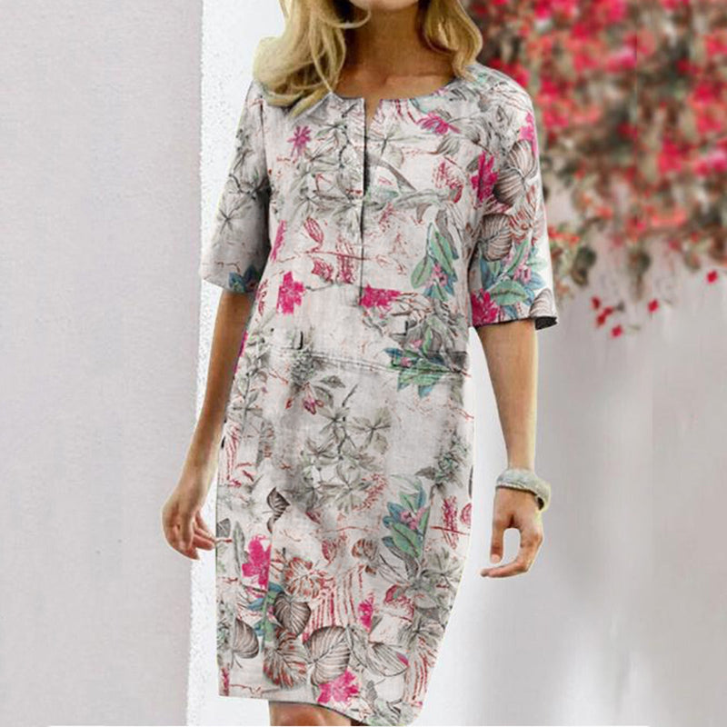 Robe Midi Col Rond Manches Courtes à Fleurs