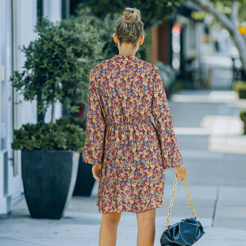 Mini-robe Boutonnée Taille Élastique Manches Longues Imprimé Floral