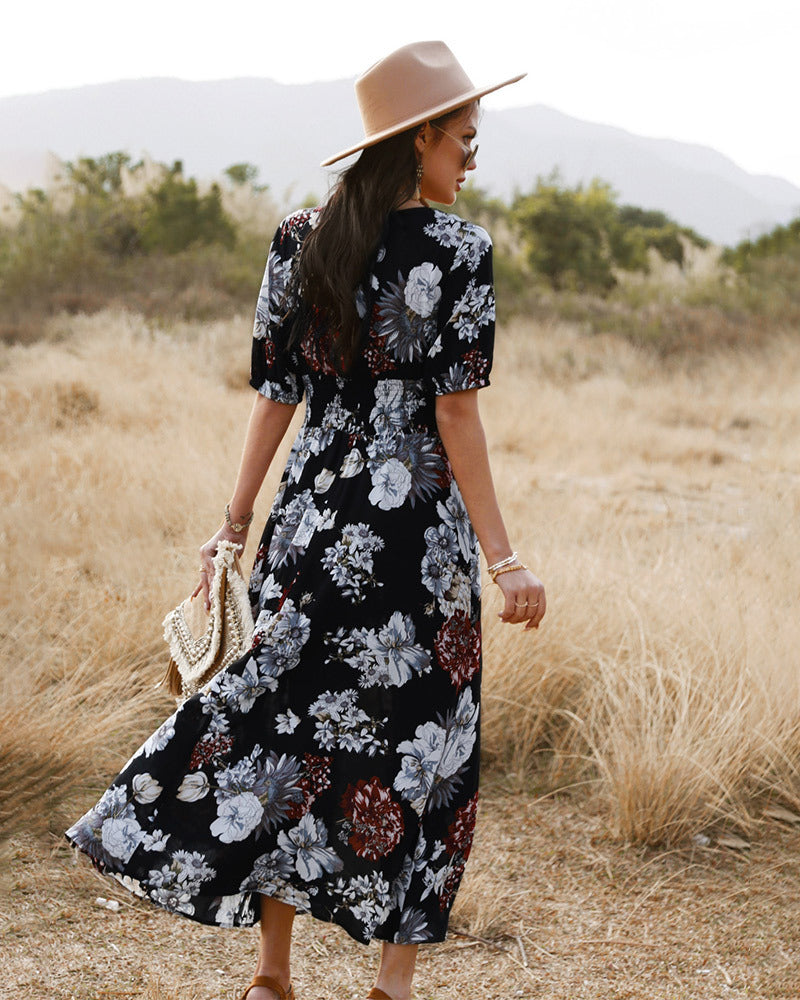 Robe Longue Manches Courtes et Col en V Floral