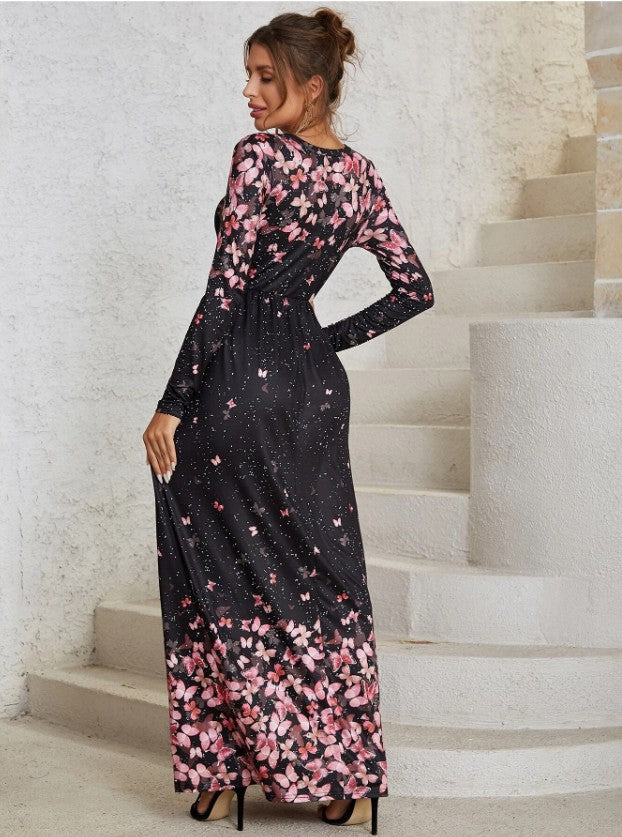 Robe Maxi Col Rond Manches Longues à Imprimé Floral