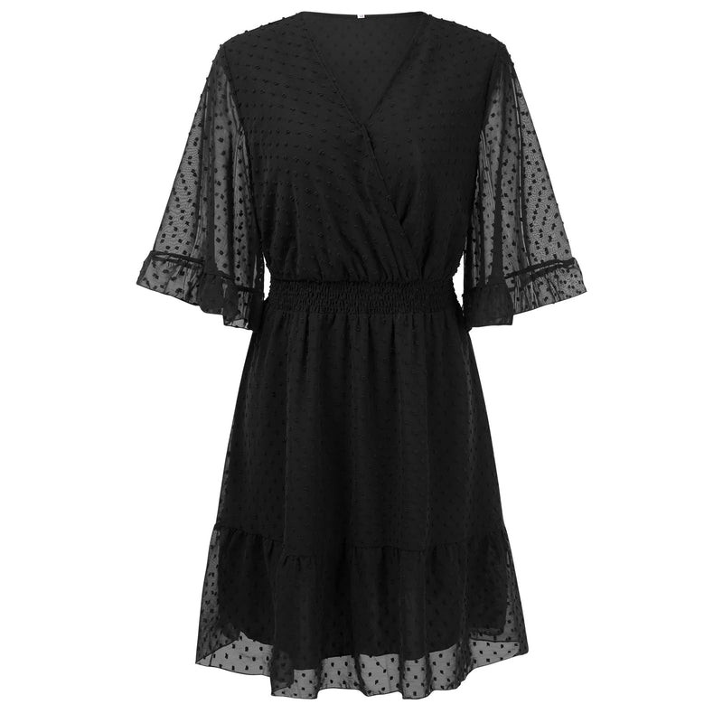 Mini Robe Ample Manches Courtes Col V Pois