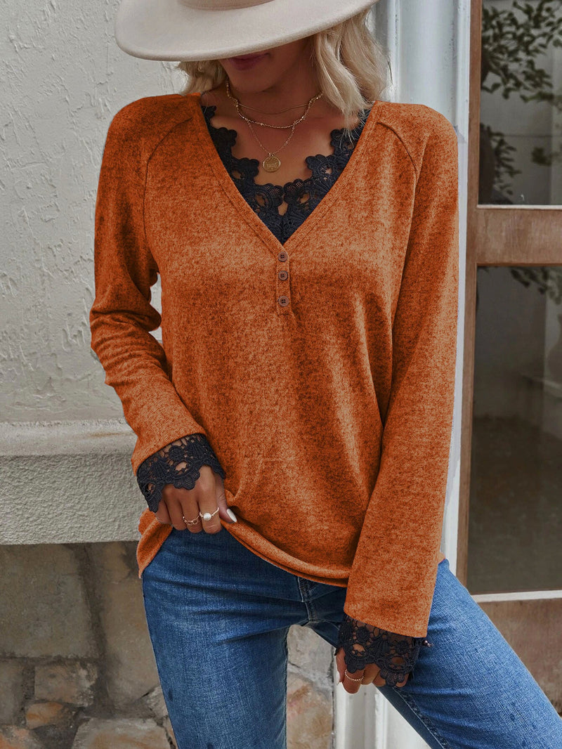 Button Up Long Sleeve V Lace Neck Pullor Top