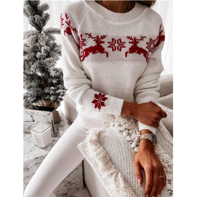 Pull en Maille à Col Rond et Imprimé Noël