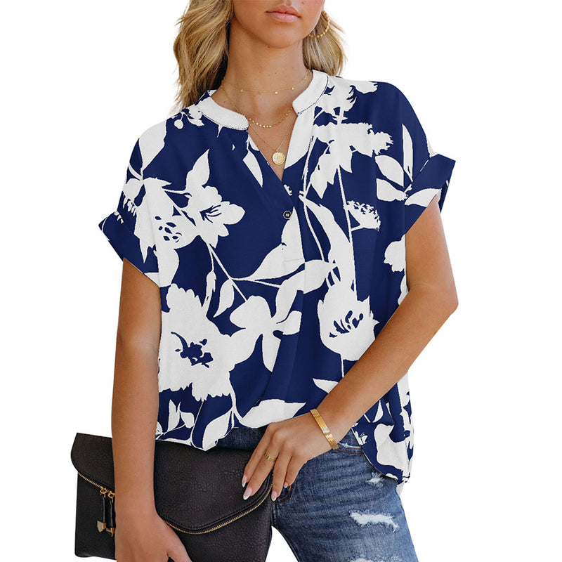 Short Sleeve V Neck Loose Blouse Top