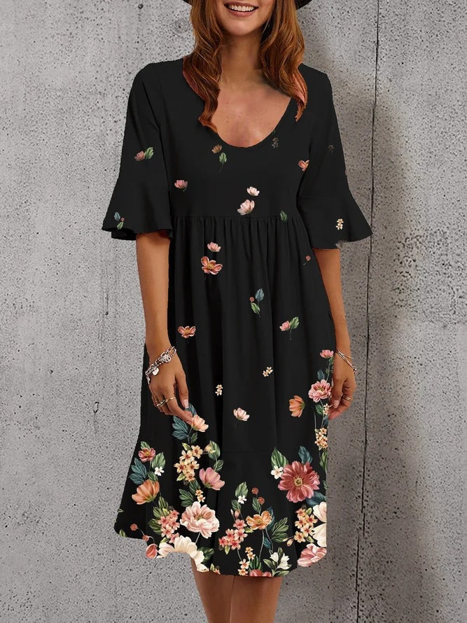 Robe Midi Fleurie Encolure Dégagée Manches Courtes