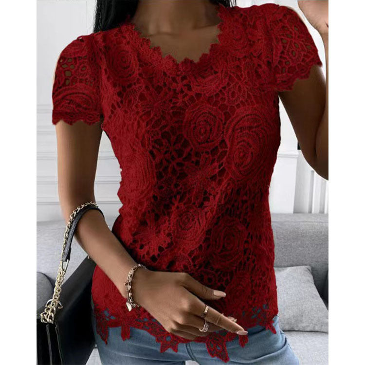 Fashion Short Sleeve Lace Round Neck Top