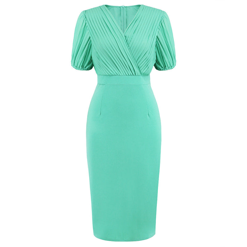 Cross V-Neck Short Sleeve Solid Color Midi Dress