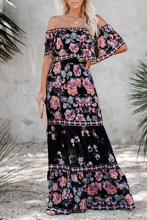 Robe Longue Asymétrique à Volants et Imprimé Floral