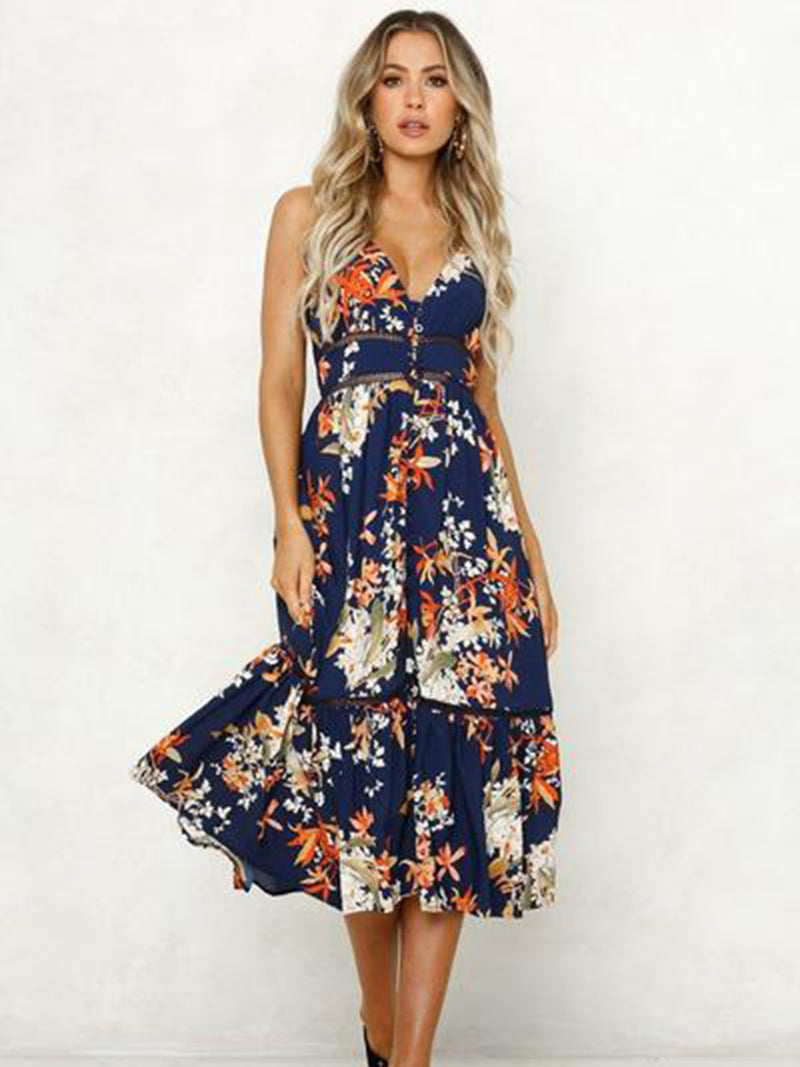 Robe Longue à Imprimé Floral Bleue