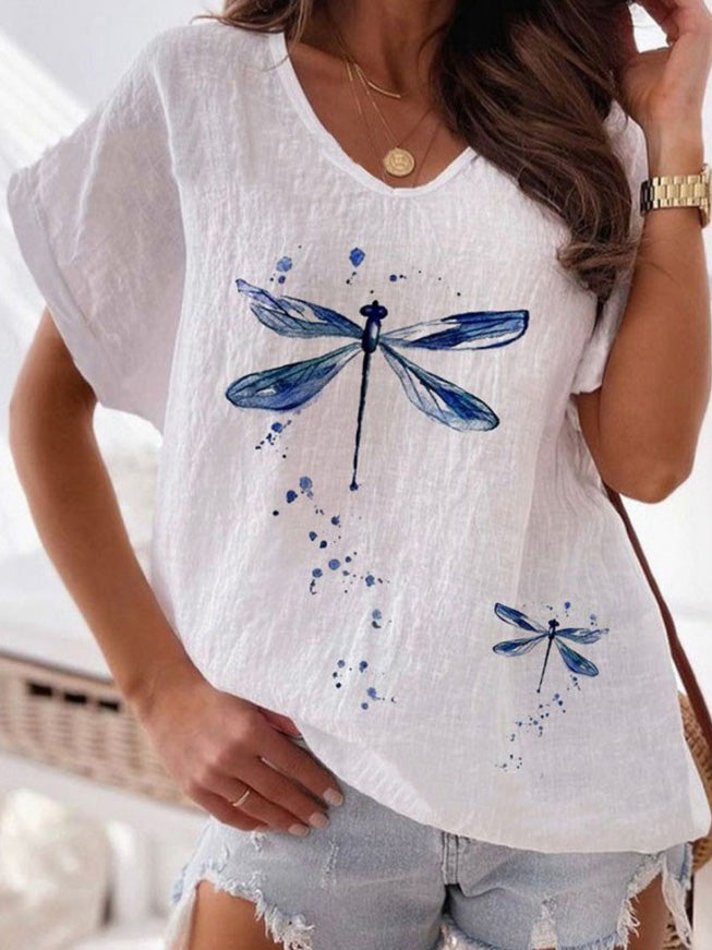 Women's T-Shirts Dragonfly Print V-Neck Short Sleeve Casual T-Shirt