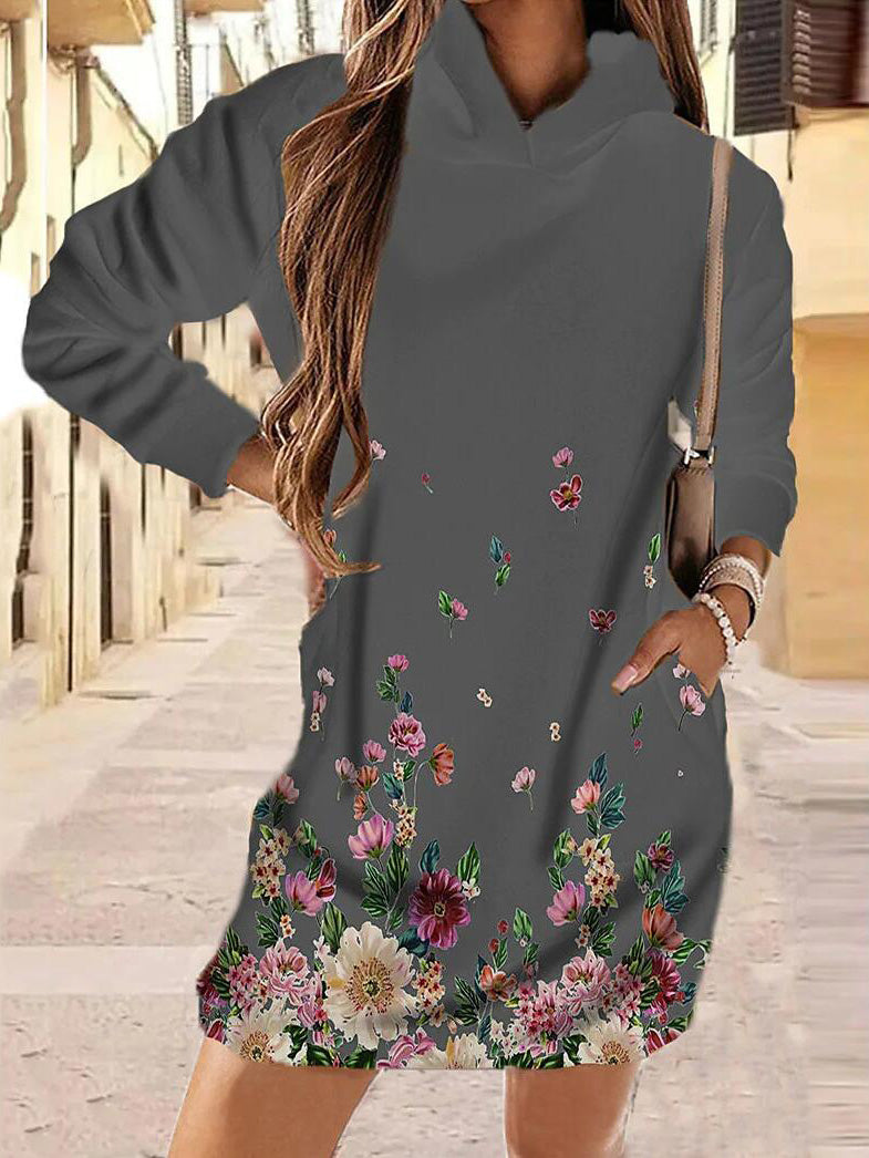 Women's Dresses Floral Print Pocket Long Sleeve Hooded Dress