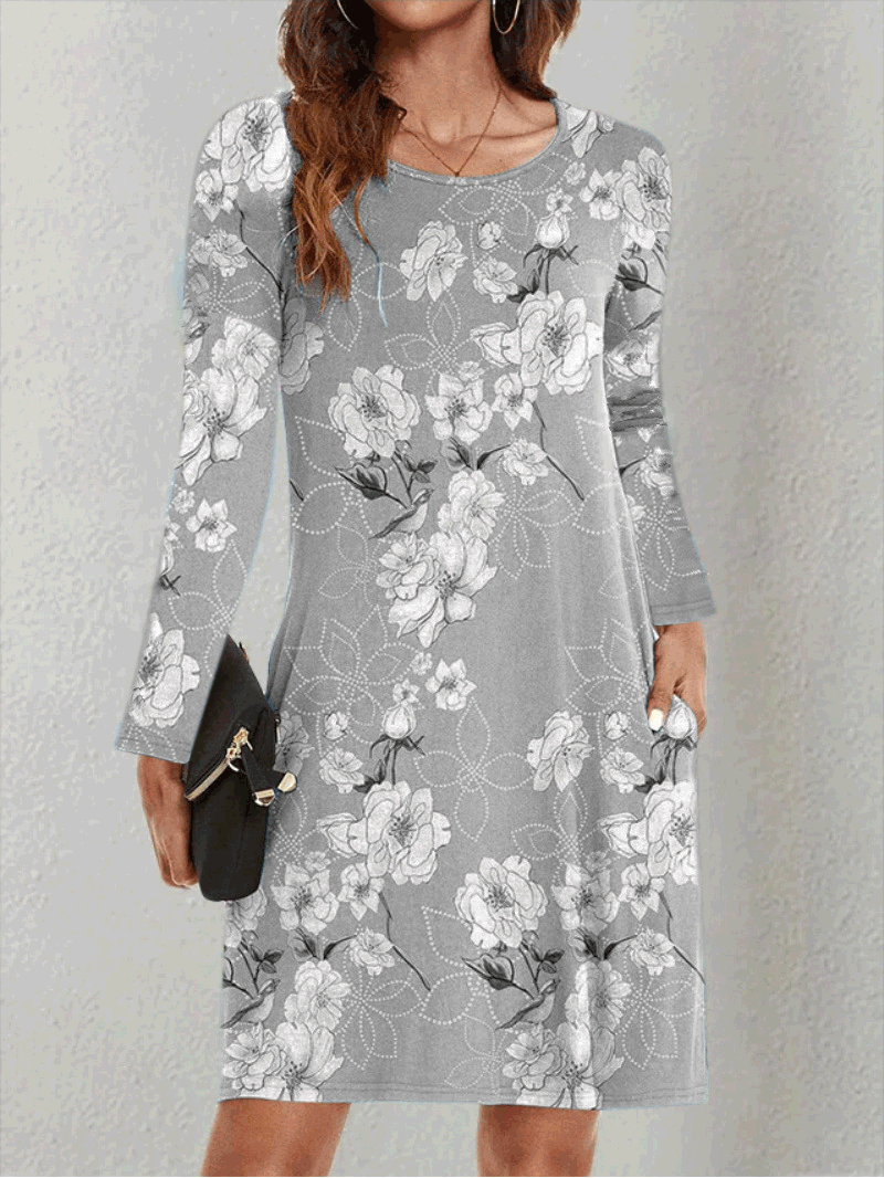 Robe Mi-Longue Imprimée Manches Longues avec Poche