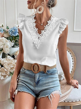 Women's Tank Tops V-Neck Lace Ruffle Sleeve Tank Top