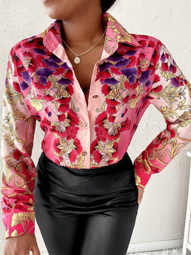 Women's Blouses Printed Lapel Button Long Sleeve Blouse