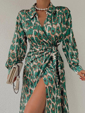 Women's Dresses Leopard Print Lapel Tie Long Sleeve Slit Dress