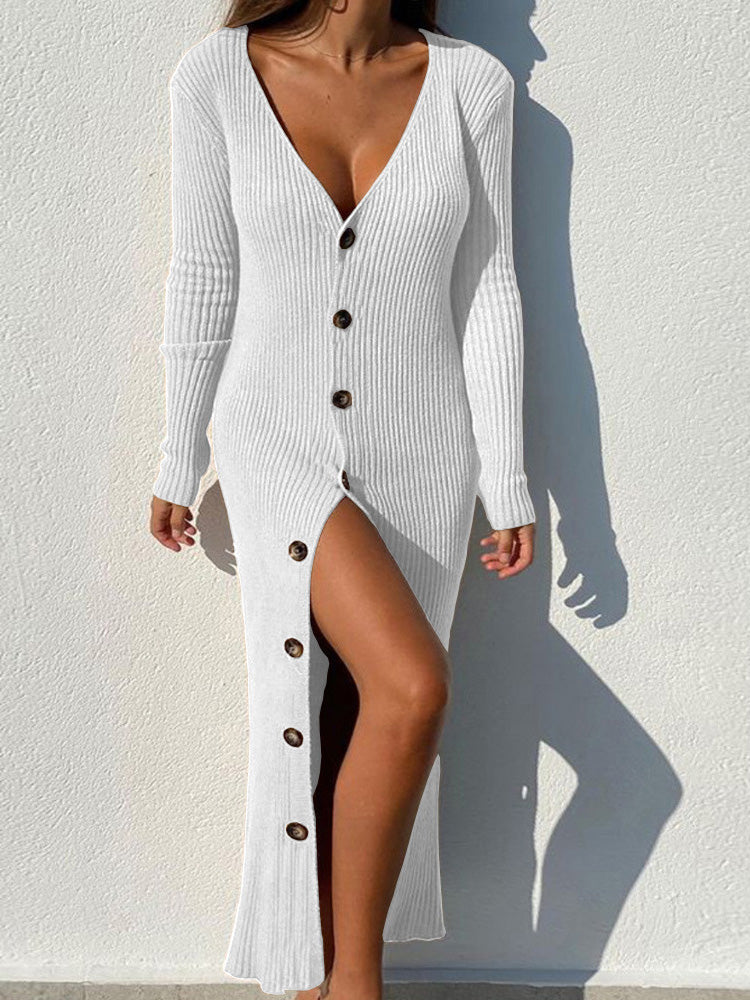 Women's Dresses Button Long Sleeve Slit Knit Dress