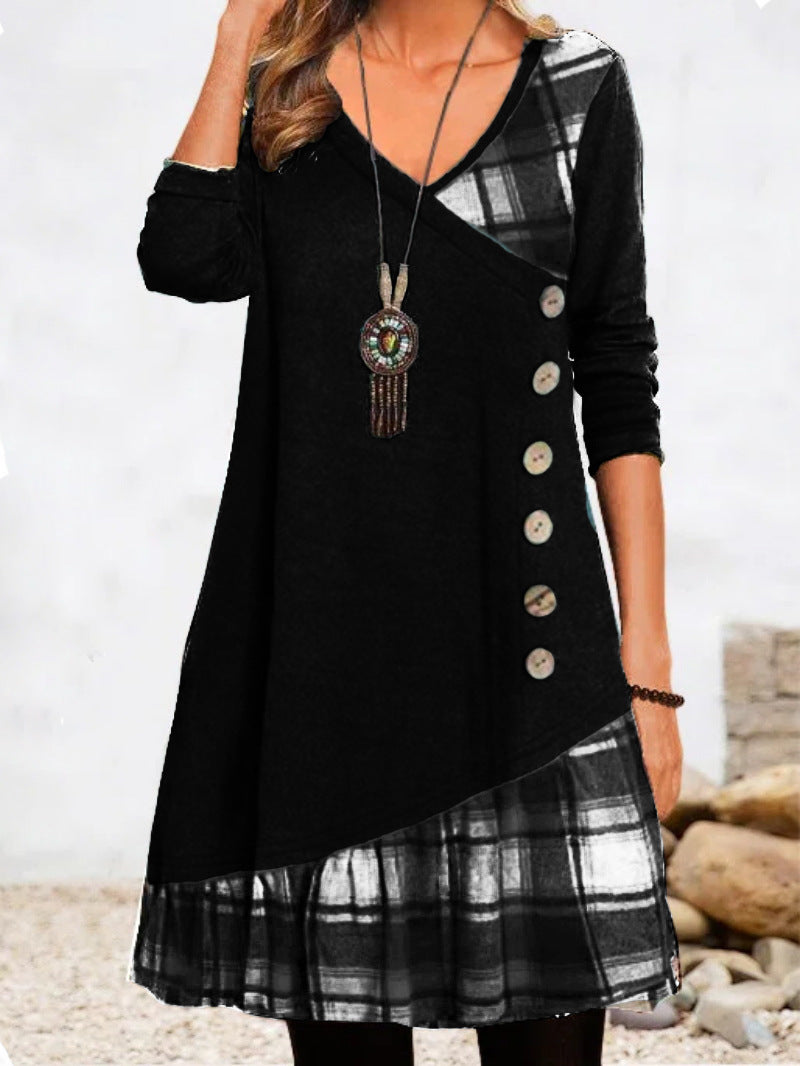 Women's Dresses Casual Check Paneled Button Long Sleeve Dress