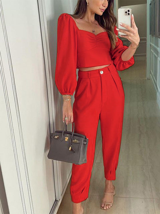 Women's Sets Square Neck Cropped Top & Trousers Two-Piece Set