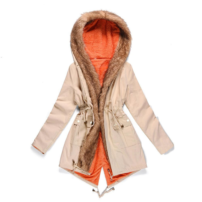 Manteau Long Capuche Col en Fausse Fourrure