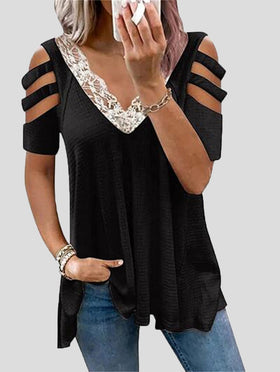 Women's T-Shirts V-Neck Lace Off Shoulder T-Shirt