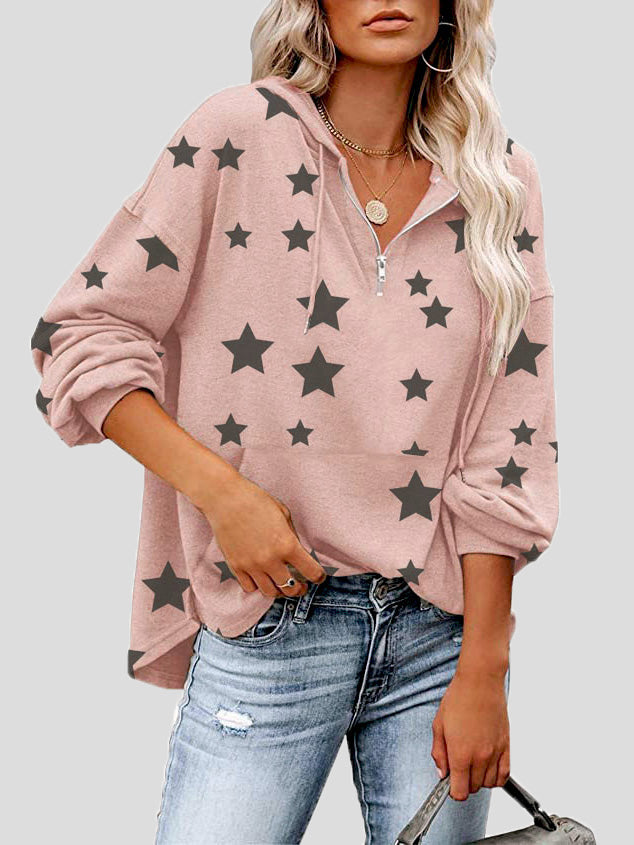 Women's Hoodies Zip Star Print Pocket Long-Sleeve Hoody