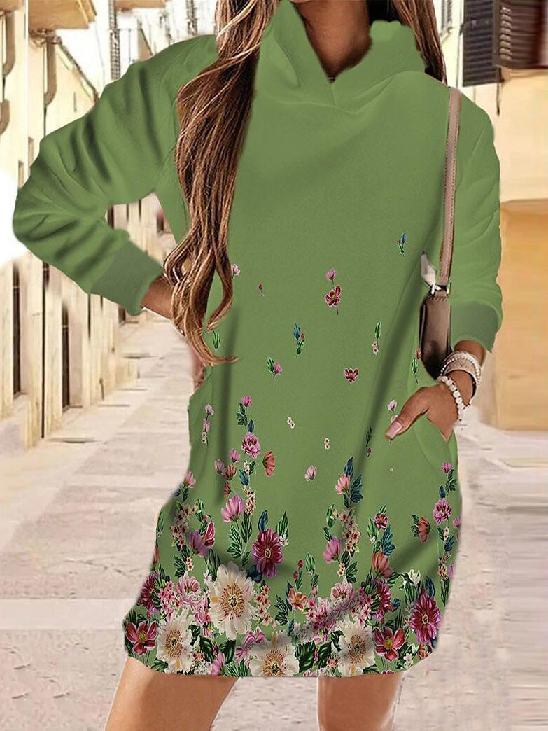 Women's Dresses Floral Print Pocket Long Sleeve Hooded Dress