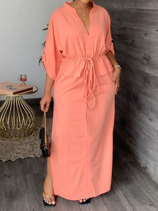 Women's Dresses Casual Solid Tie Long Sleeve Slit Dress