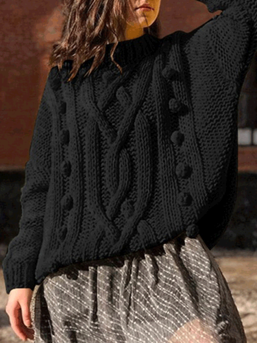 Pull Col Roulé Manches Longues en Boule de Fourrure