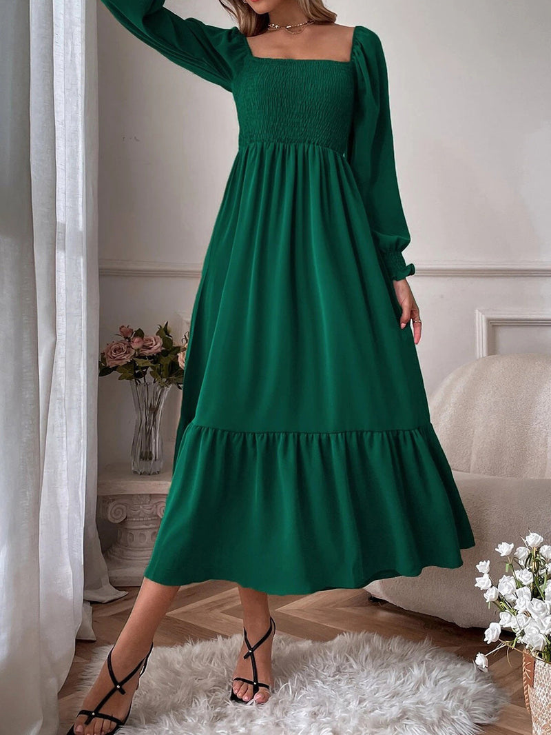 Women's Dresses Square Neck High Waist Long Sleeve Ruffle Dress