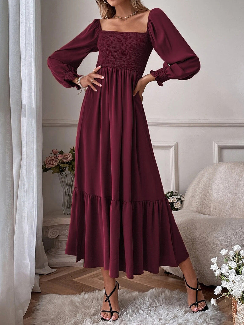 Women's Dresses Square Neck High Waist Long Sleeve Ruffle Dress